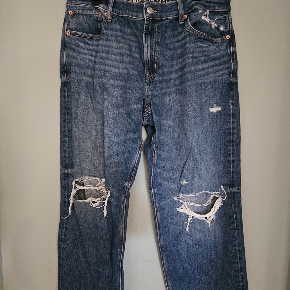 American Eagle Outfitters Blue Boyfriend Jeans with Distressed Details